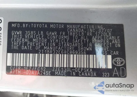 2008 Toyota Corolla S z USA, uszkodzony, nr VIN 2T1BR32E68C869356